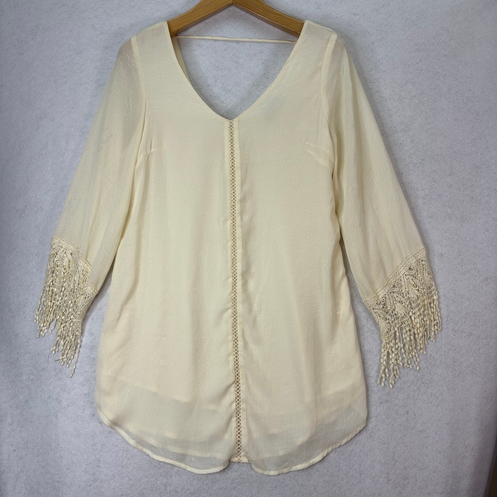 ASTR Cream Lace Fringe V-Neck Animal Print Mini‎ Dress Womens M Boho